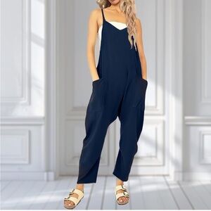 Casual Navy Drop-Crotch Jumpsuit